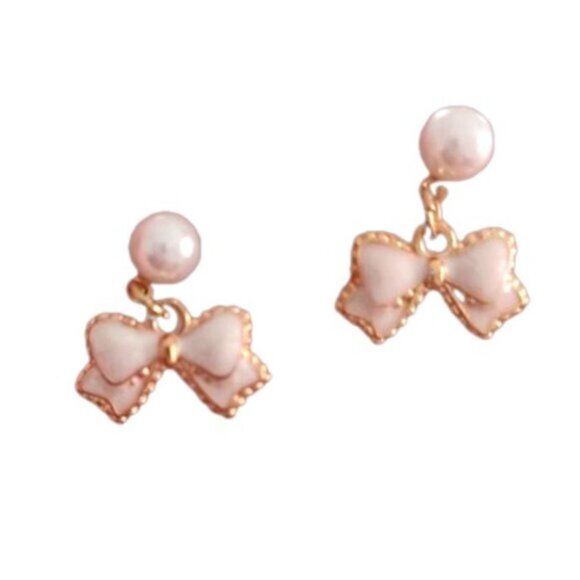 Vintage Style Gold Pearl Bow Coquette Girlhood Dainty Feminine Drop Earrings - Picture 1 of 5
